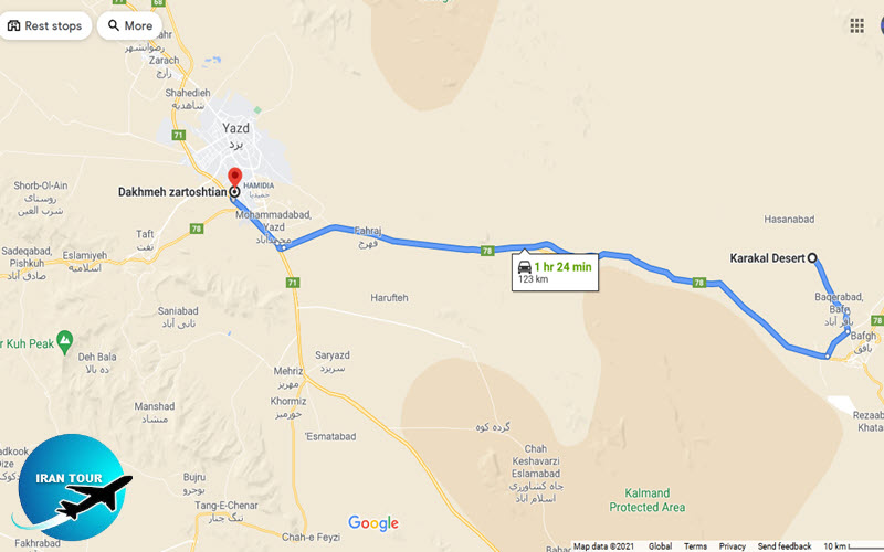 Yazd Karakal desert on map
