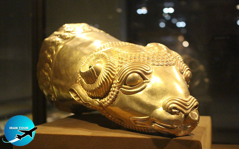 A golden rhyton of ram's head, Persian Empire in Medians era, 7-6th century BC, located in Reza Abbasi Museum